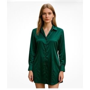 Victoria's Secret Emerald Green Satin Button Down Sleep Shirt Nightgown Large